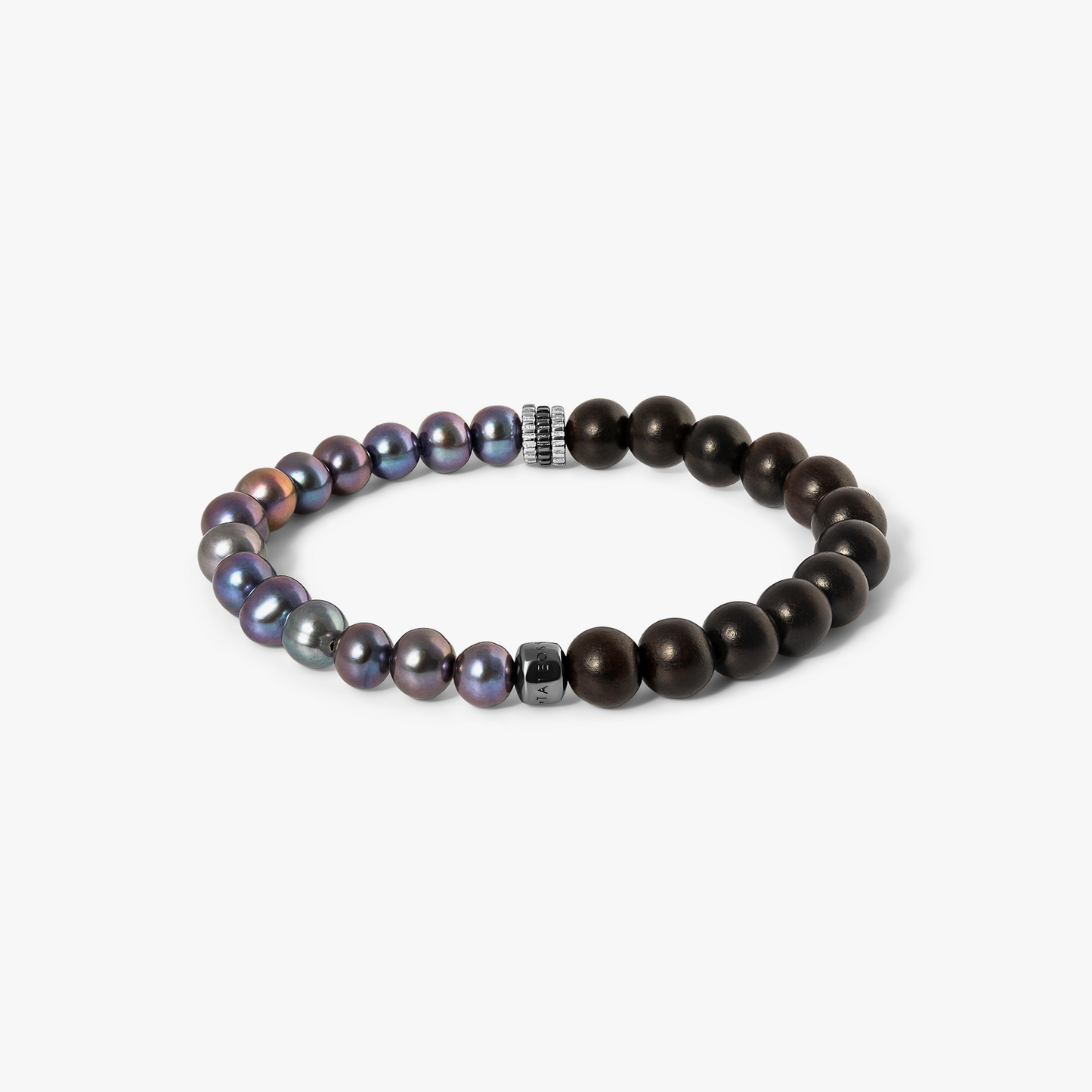 Gear Trio Semi - Precious Bracelet In Black Ruthenium Plated Silver With Wood Beads & Black Pearls