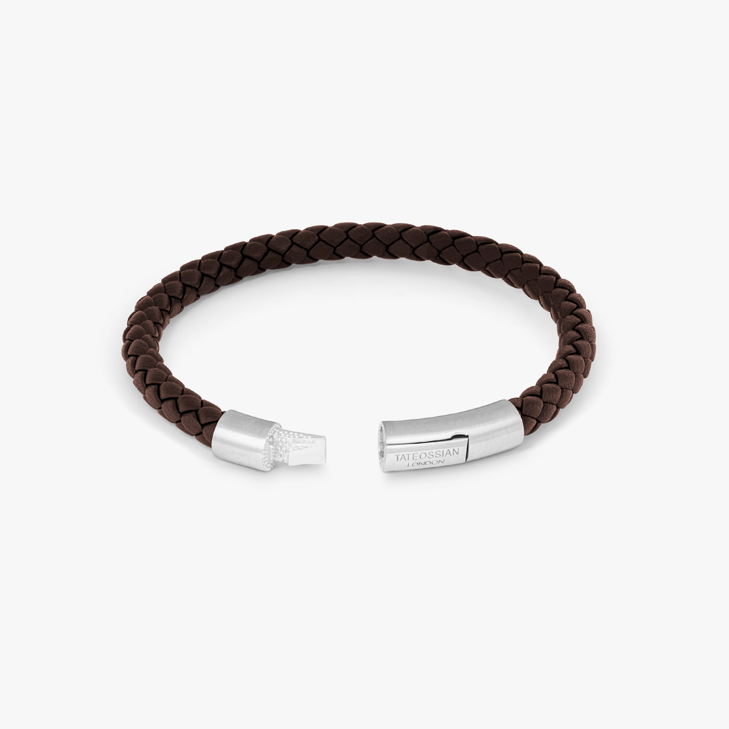 Charles Click Pelle Bracelet in Rhodium and Brown Leather with matte rhodium clasp and braided brown leather band