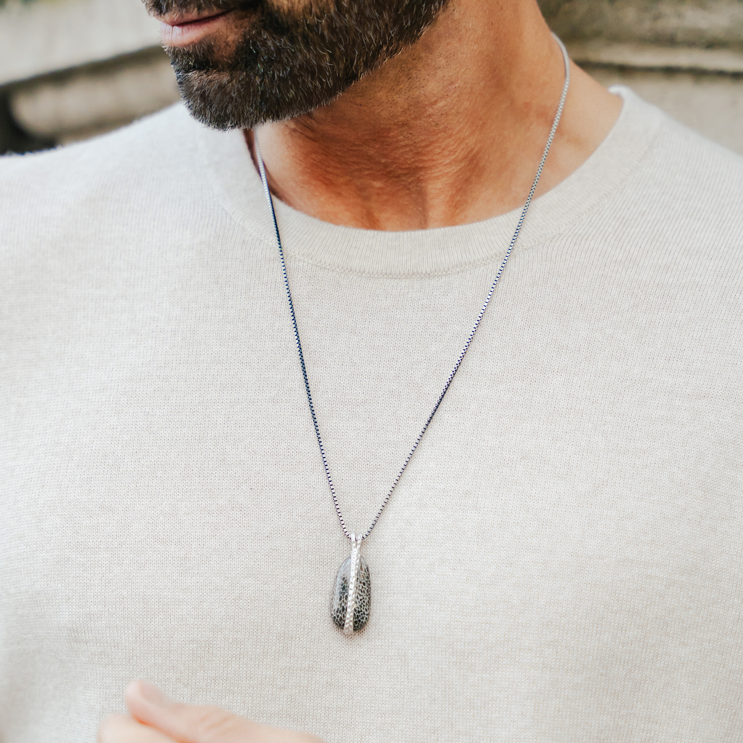 Bryozoan Pebble Necklace In Rhodium Plated Sterling Silver With Fossilised Coral