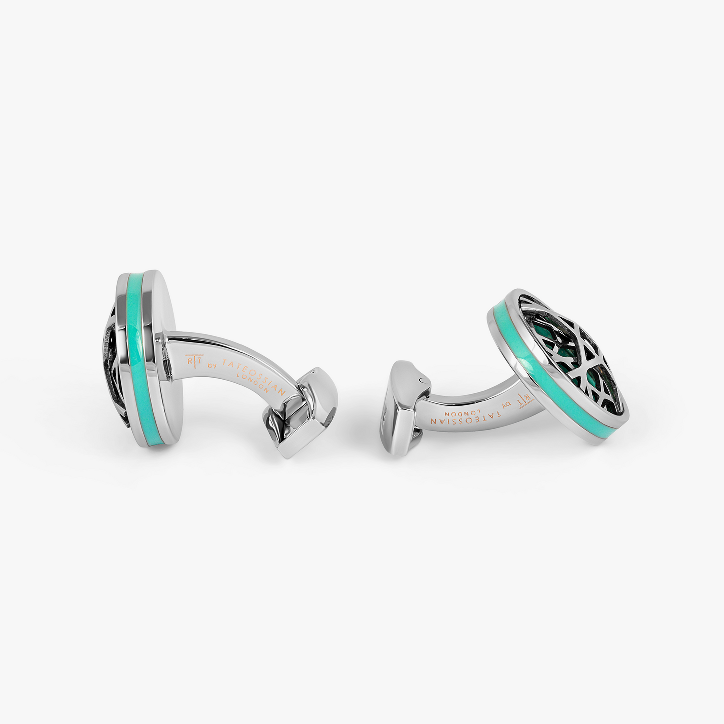 Dome Cutwork Cufflinks In Palladium Plated Base Metal With Turquoise Enamel
