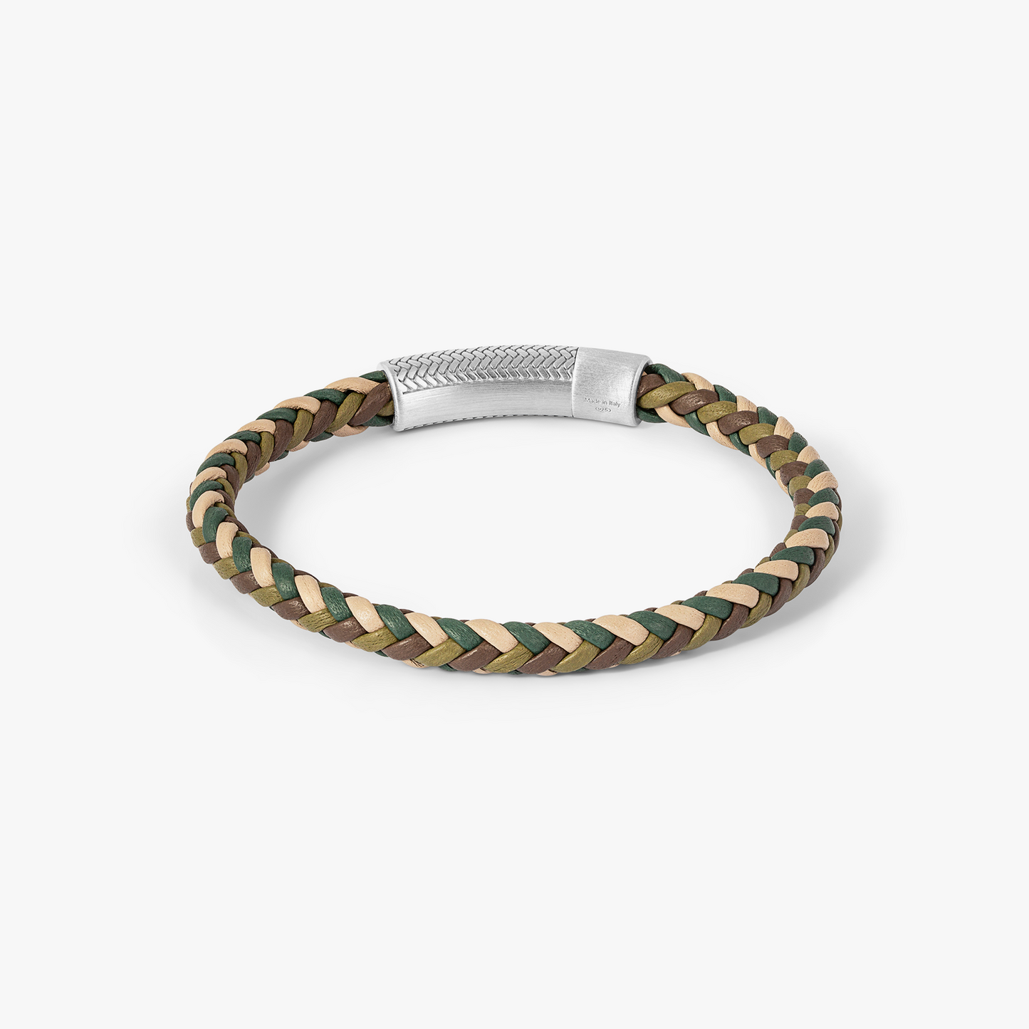 Herringbone Click Multi Pelle Bracelet In Rhodium Plated Sterling Silver With Khaki Leather
