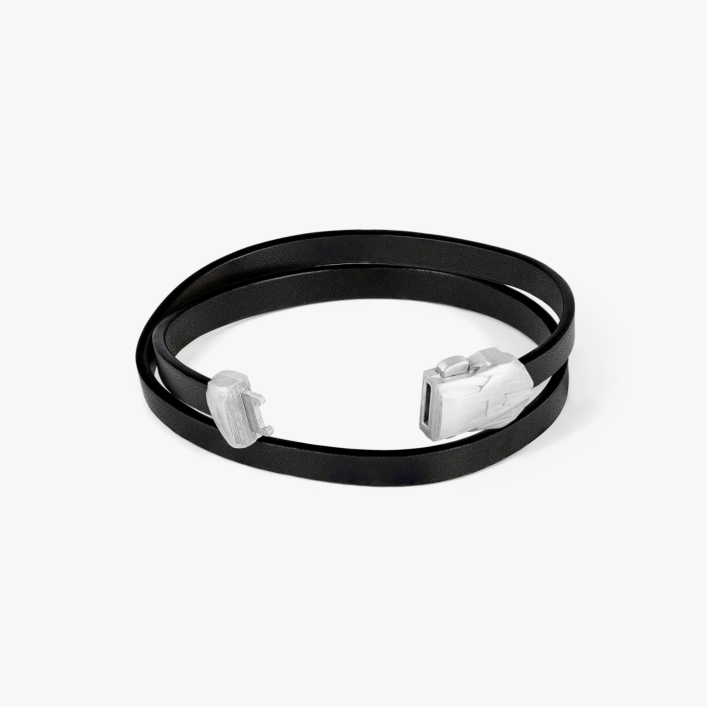 Automobili Lamborghini Double Wrap Leather Bracelet In Black with Rhodium Plated Silver featuring Italian leather and 3D car clasp.