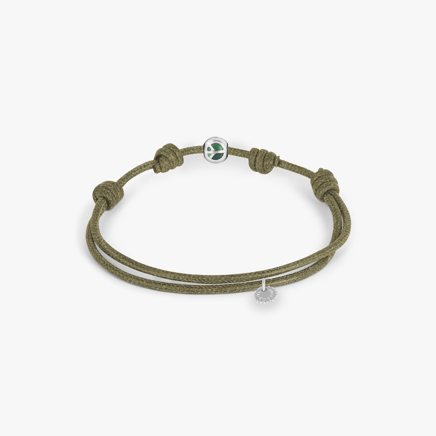 Protective Wax Cord Peace Bracelet In Rhodium Plated Sterling Silver With Green Enamel