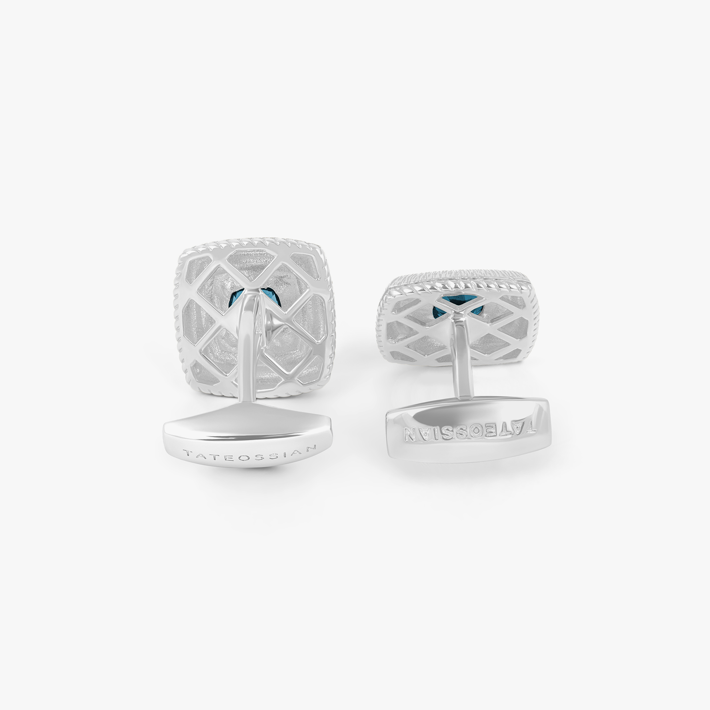 Graffiato Square Precious Cufflinks In Rhodium Plated Sterling Silver With Blue Topaz