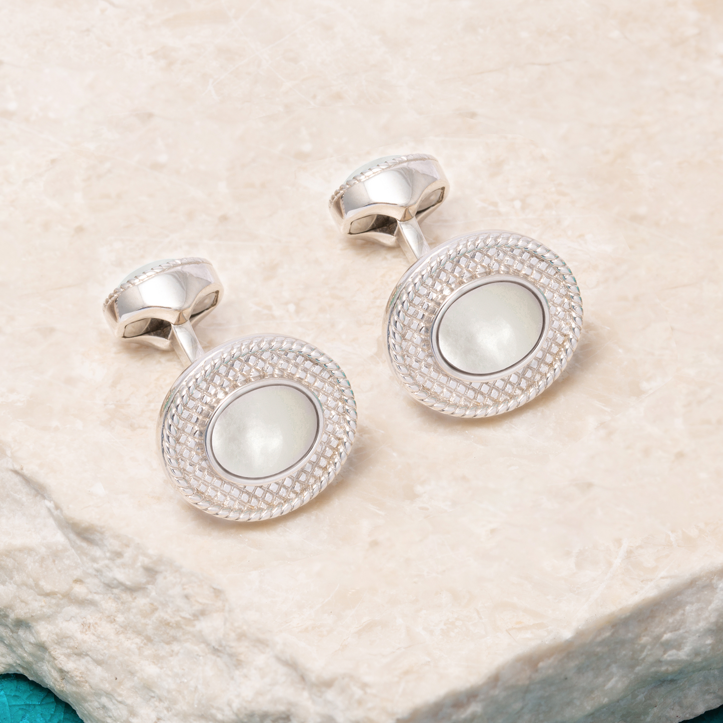 Cable Oval Cufflinks In Sterling Silver with White MOP