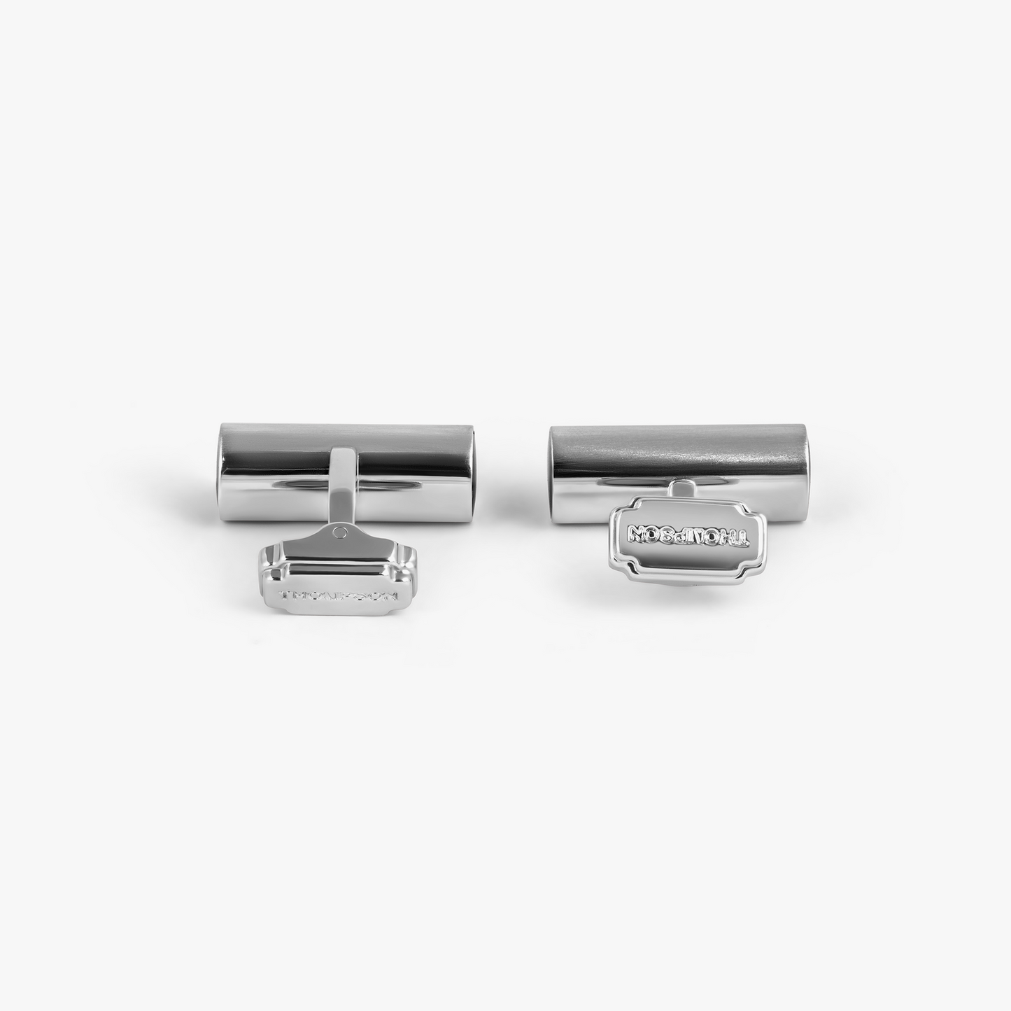 THOMPSON Cylinder Cufflinks In White Bronze plated Base Metal With Black Enamel