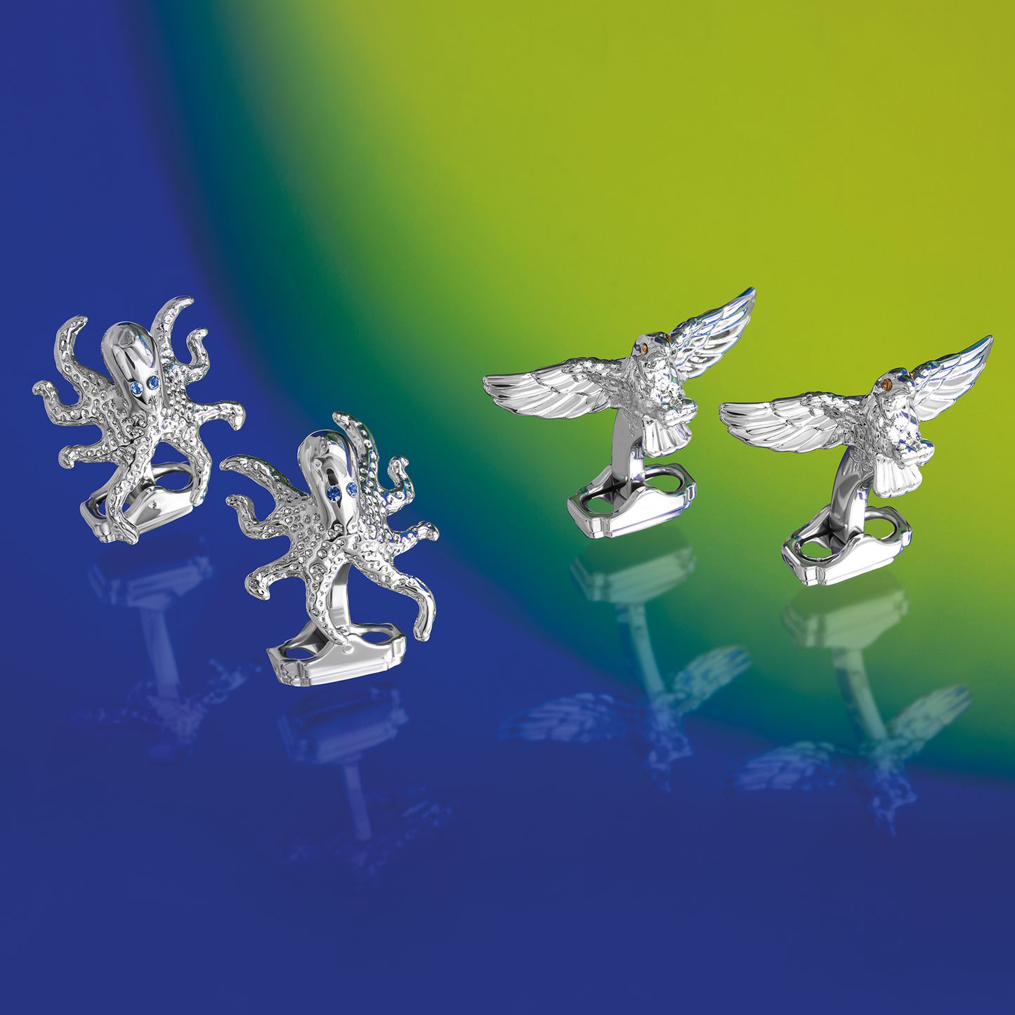 Thompson Octopus Cufflinks In Palladium plated Base Metal With Blue Swarovski Crystal