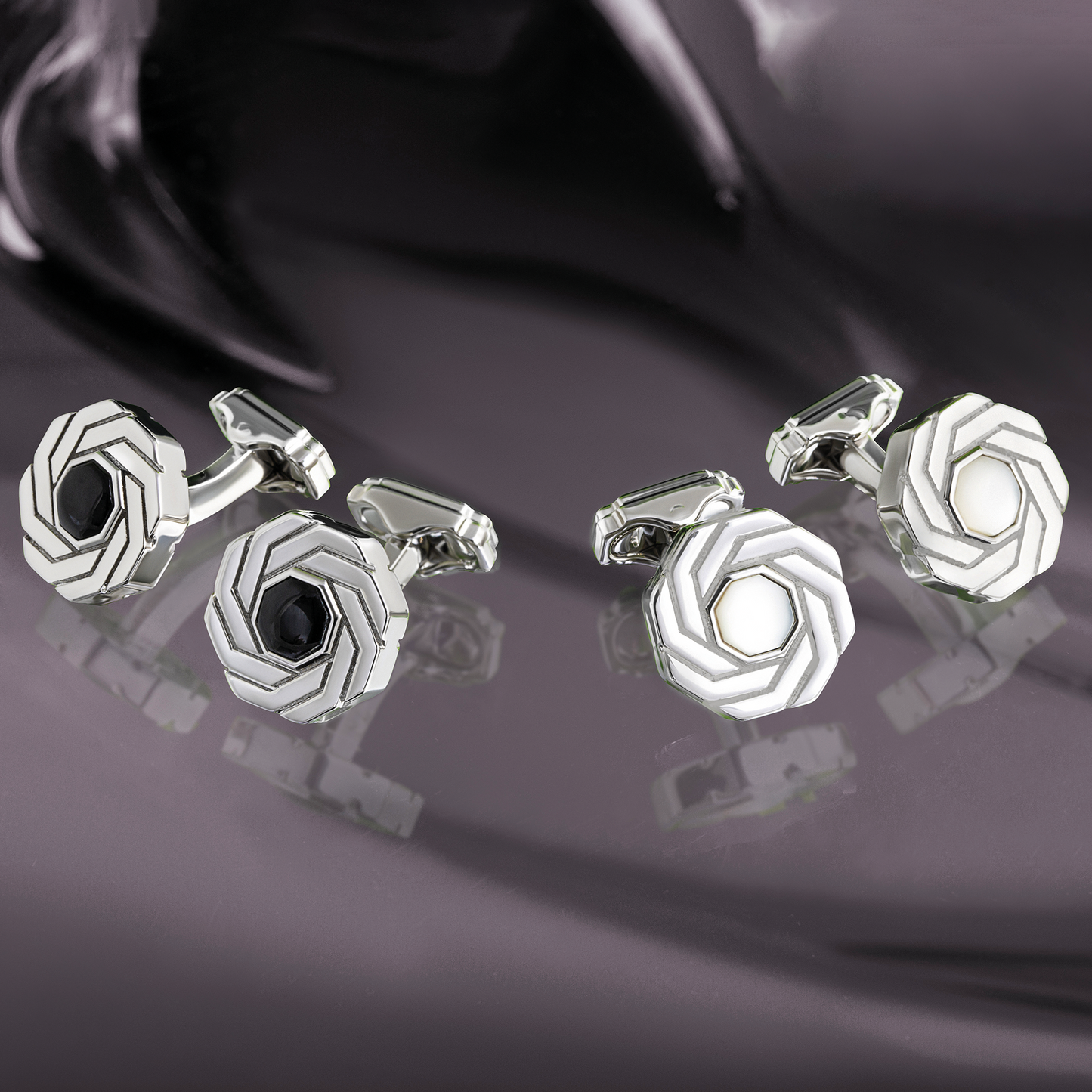 Thompson Octagon Insignia Cufflink in Palladium Plated with White MOP