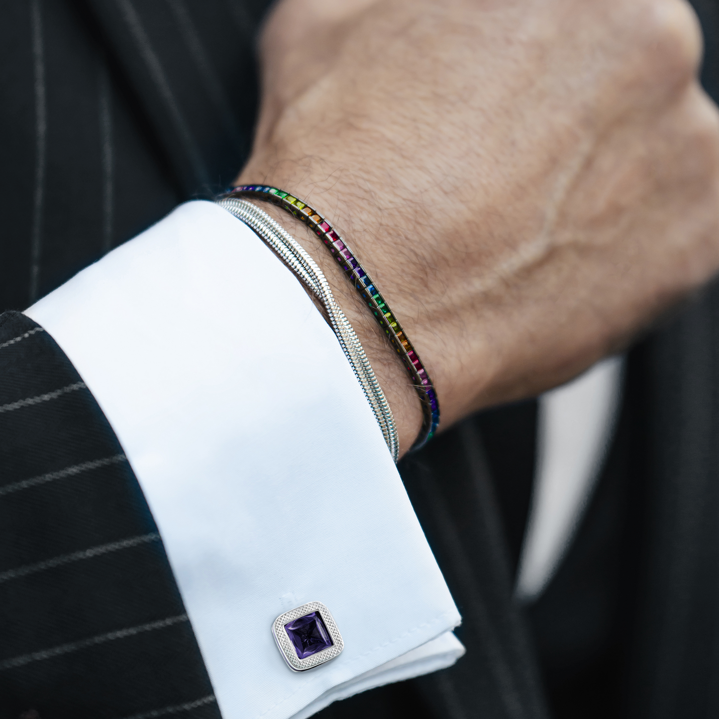 Quadro Tennis Semi-Precious Bracelet In Black Rhodium Plated Sterling Silver With Multicolour Nano Stones