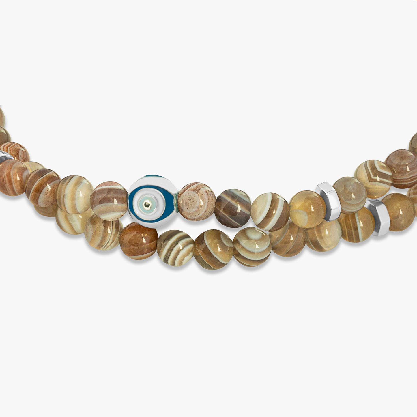 Evil Eye Beaded Bracelet In Rhodium Plated Silver with Botswana Agate