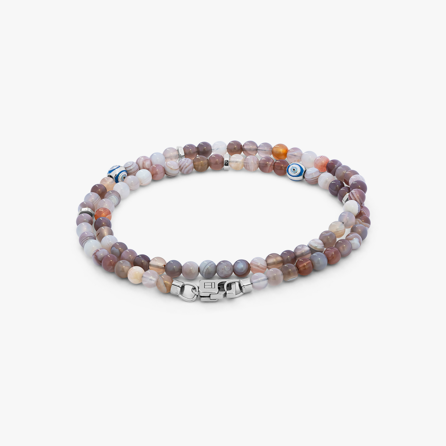 Rhodium plated sterling silver Evil Eye double wrap bracelet with agate