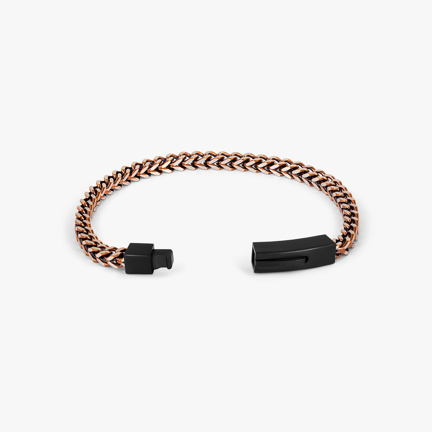 Chevron Click Bracelet In Matte Black Brown with chevron-patterned brown stainless steel chain and matte black clasp.
