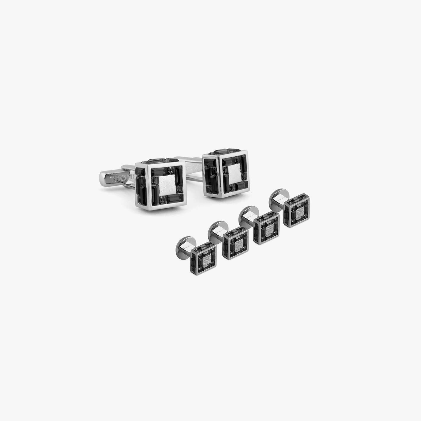 Cube Shaped Cufflink and stud set with Swarovski Elements in Rhodium plated