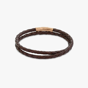 Tubo Scoubidou double wrap bracelet in brown leather with 18k rose gold (UK) 3