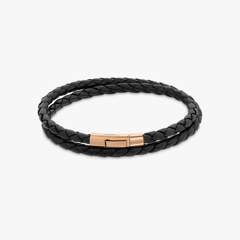 Tubo Scoubidou double wrap bracelet in black leather with 18k rose gold (UK) 1