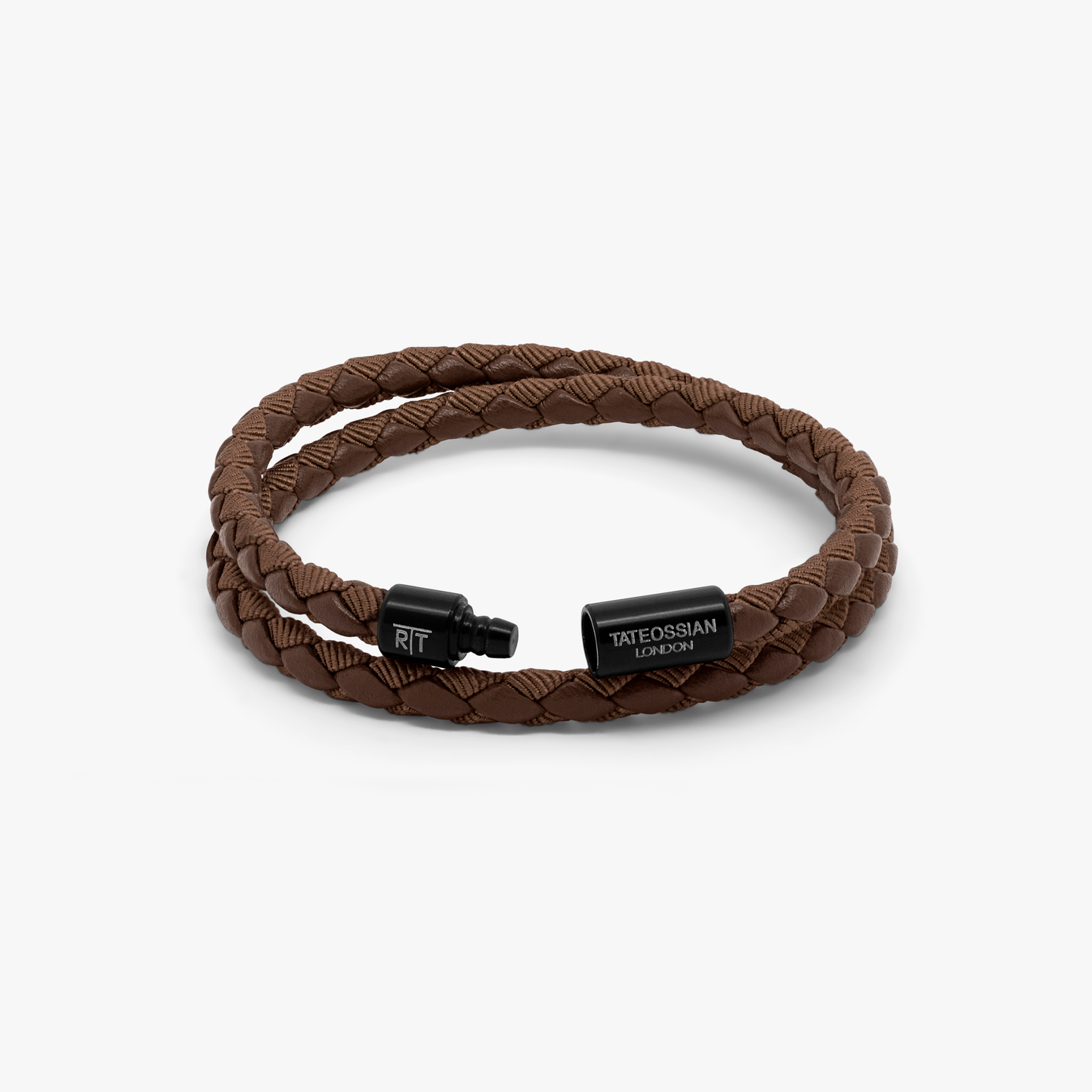Chelsea Leather Bracelet In Brown With Aluminium Clasp featuring braided brown leather and black anodised aluminium clasp with engraved logo.