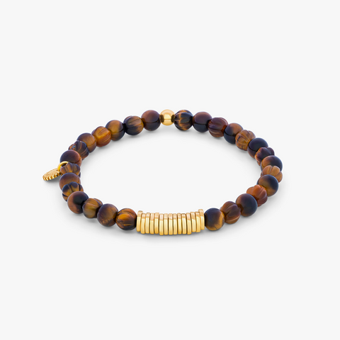 Classic Discs Beaded Bracelet in Yellow Gold Plated Silver with Tiger Eye