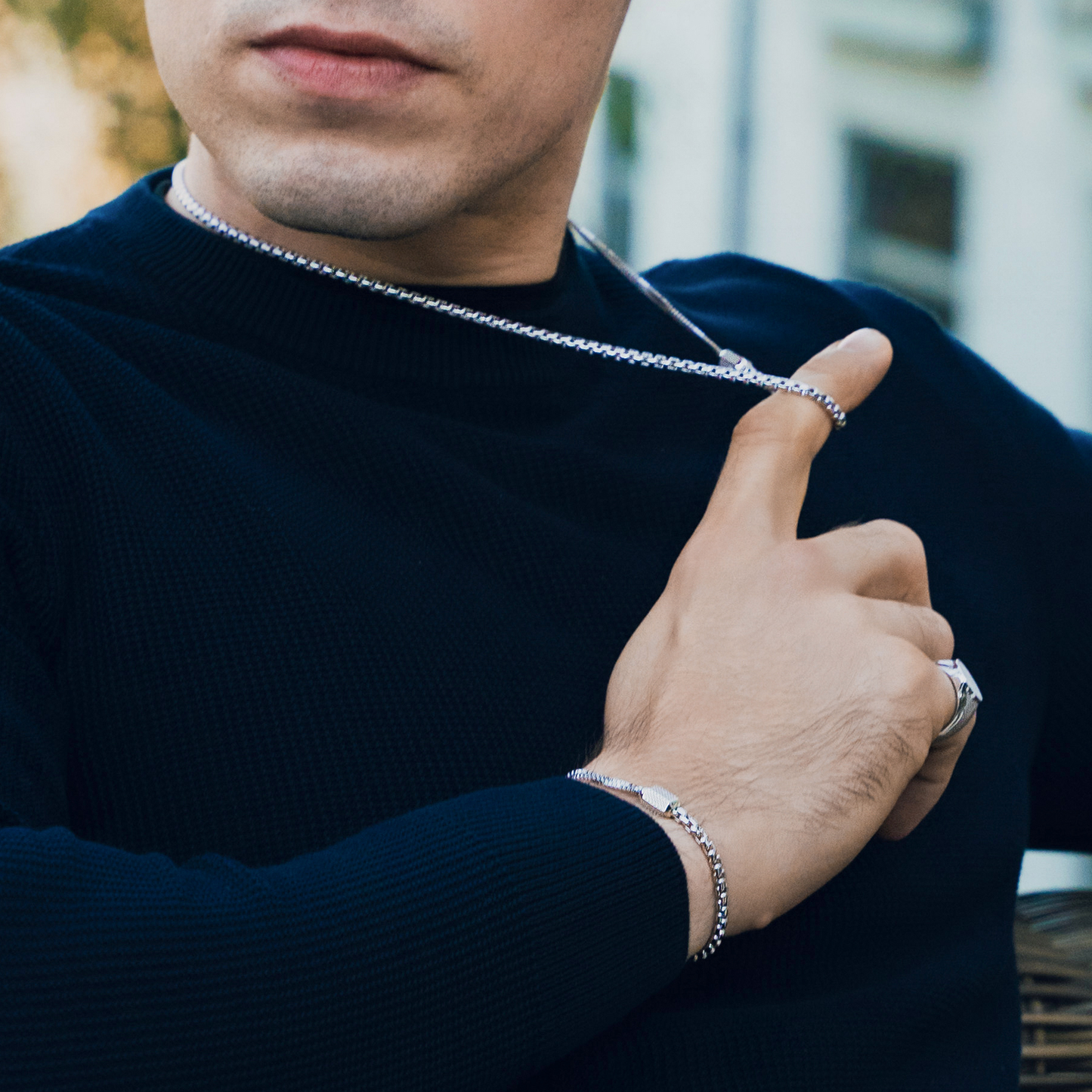 Hexade Box Chain Bracelet In Rhodium Plated Silver