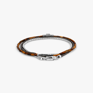 Navaho Triple Wrap Beaded Bracelet in Rhodium Silver with Tiger Eye and Hematite