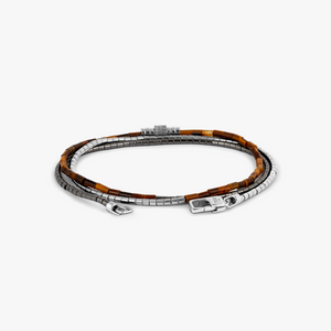 Navaho Triple Wrap Beaded Bracelet in Rhodium Silver with Tiger Eye and Hematite