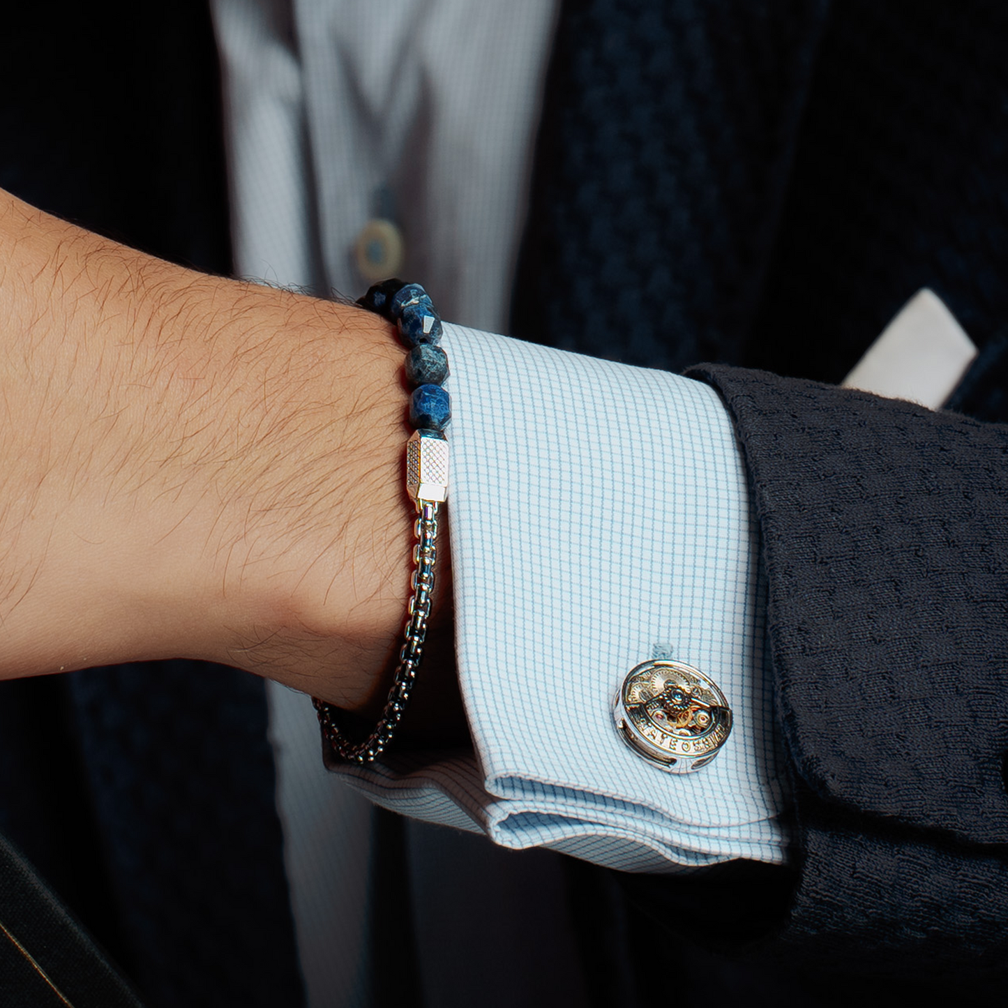 Deboss Round Skeleton Cufflinks in Rhodium Plated Silver with Watch Movement