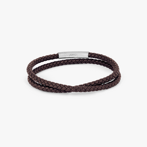 Giza Click Pelle Double Wrap Brown Leather Bracelet in Rhodium Silver