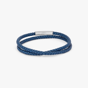 Giza Click Pelle Double Wrap Blue Leather Bracelet in Rhodium Silver