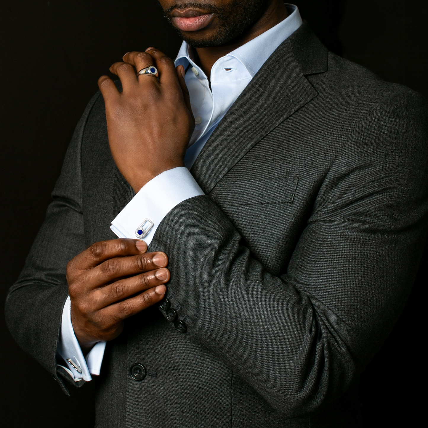 Signature Lock cufflinks with blue lapis in rhodium plated silver (UK) 4