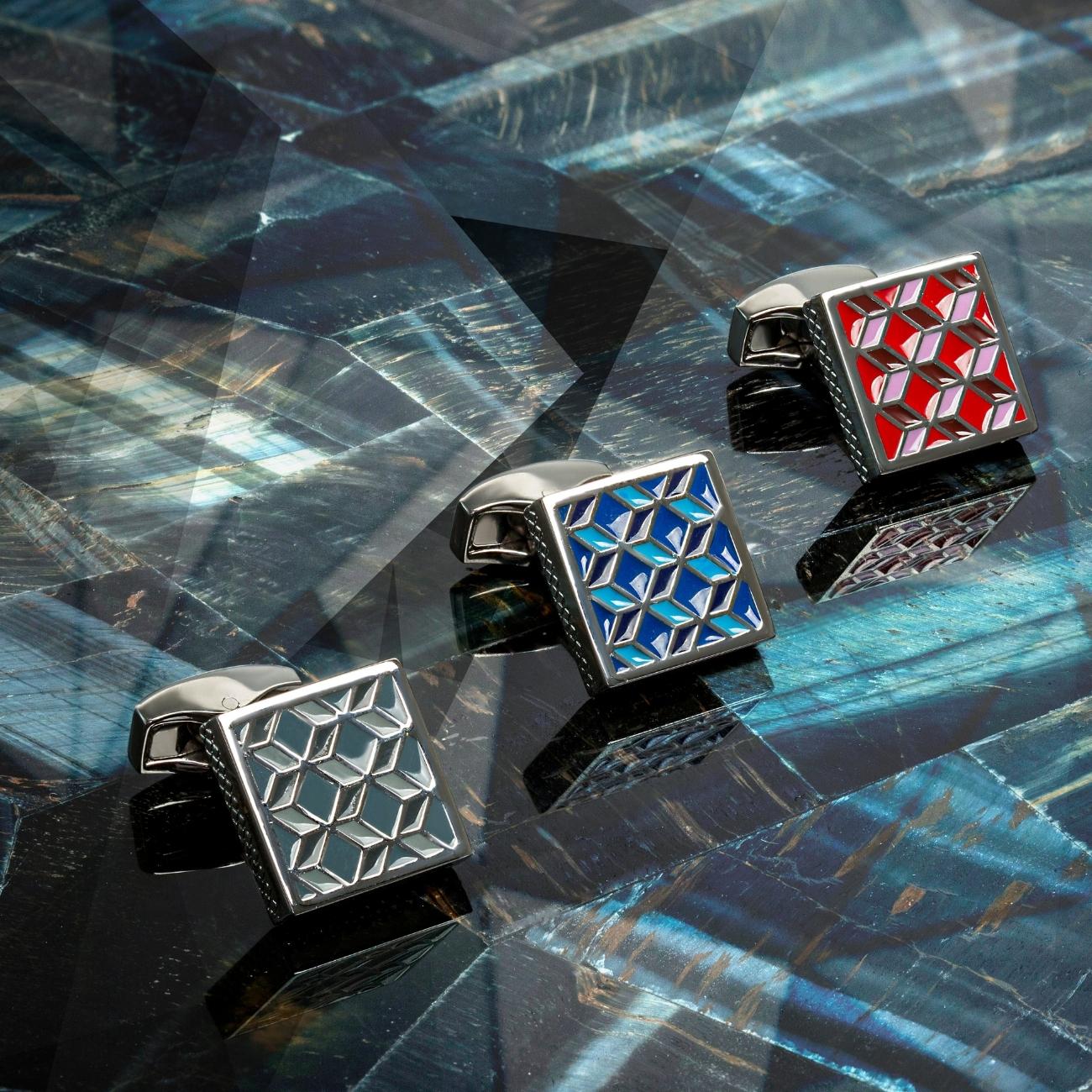 Geometric Cufflinks In Palladium Plated with red enamel