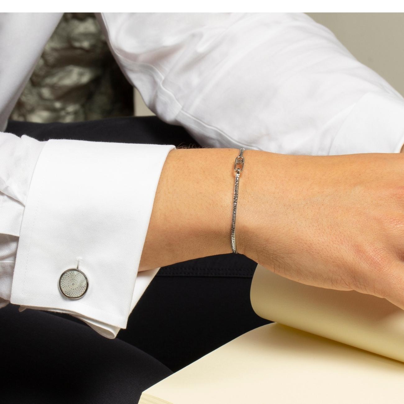 Rotondo Guilloche Semi-Precious cufflinks with white mother of pearl in stainless steel