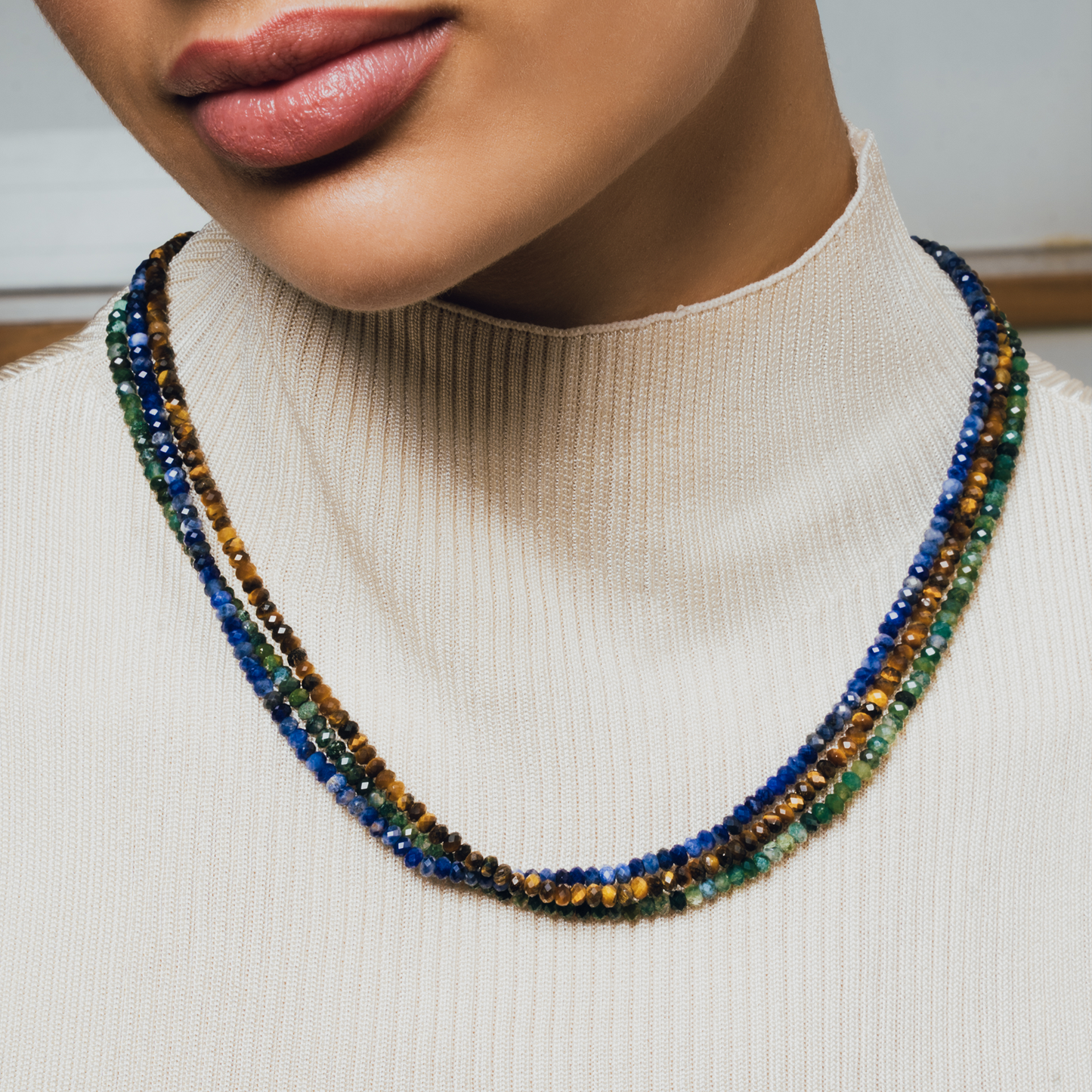 Nodo Beaded Necklace in Rhodium Silver with Green Moss Agate