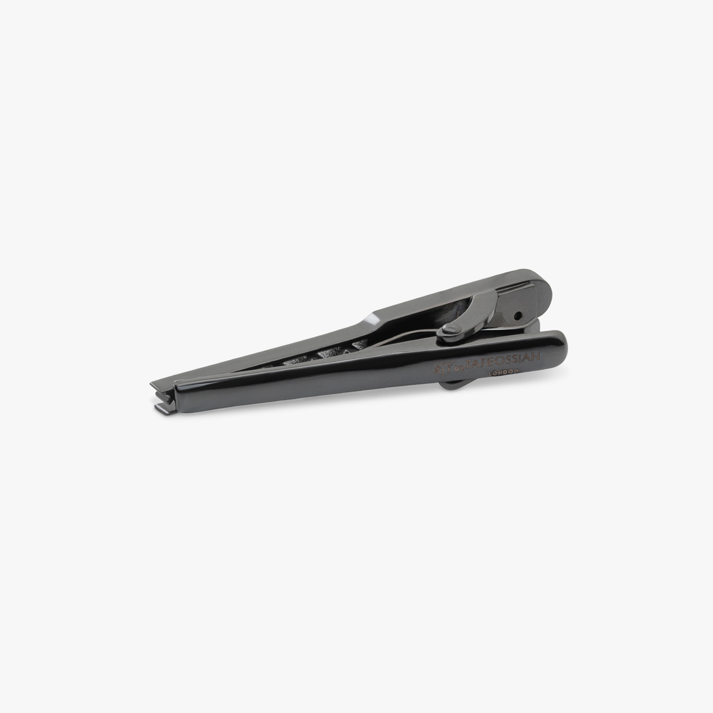Black IP stainless steel RT Elements tie clip with hematite
