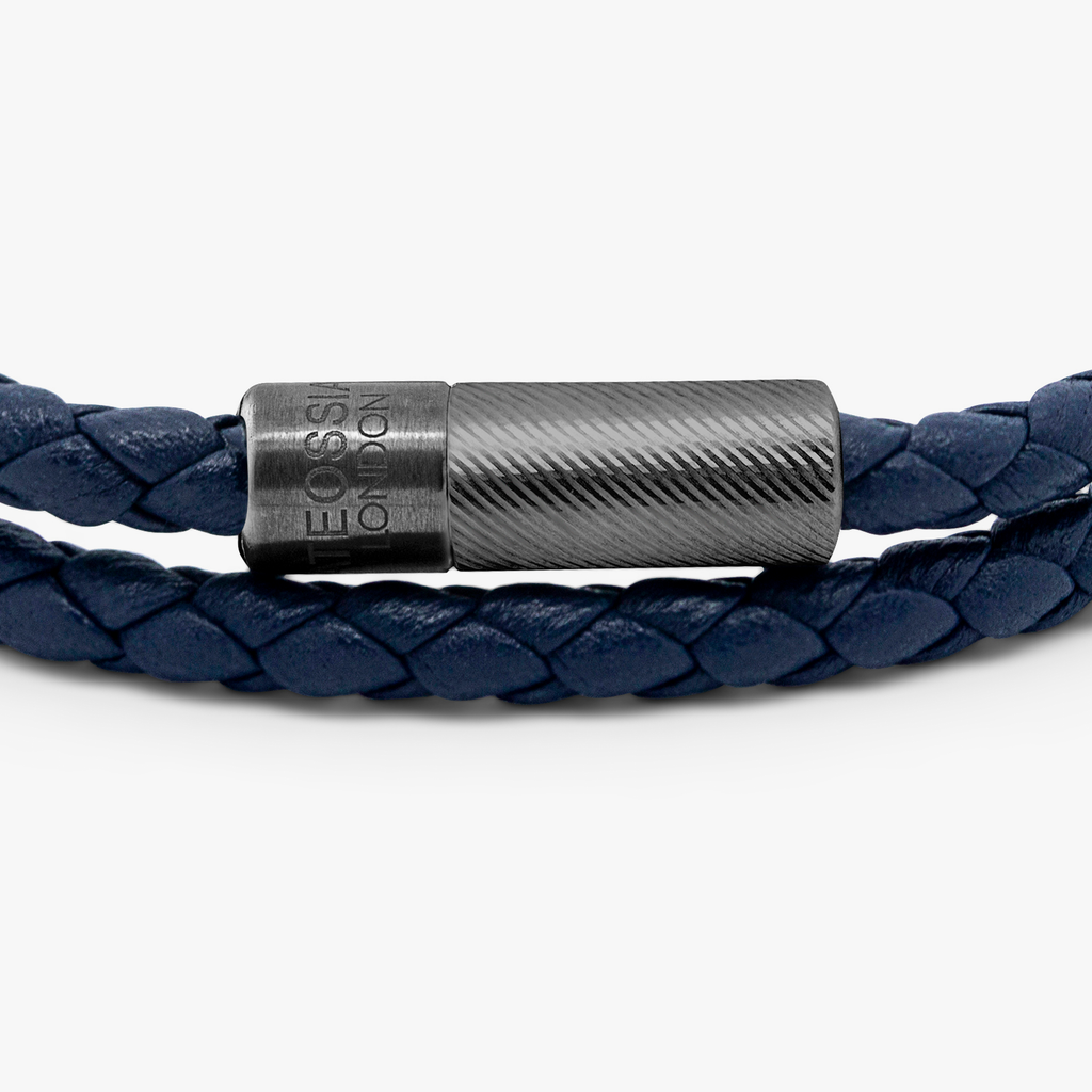 Pop Rigato Double Wrap Leather Bracelet In Navy With Black Ruthenium S