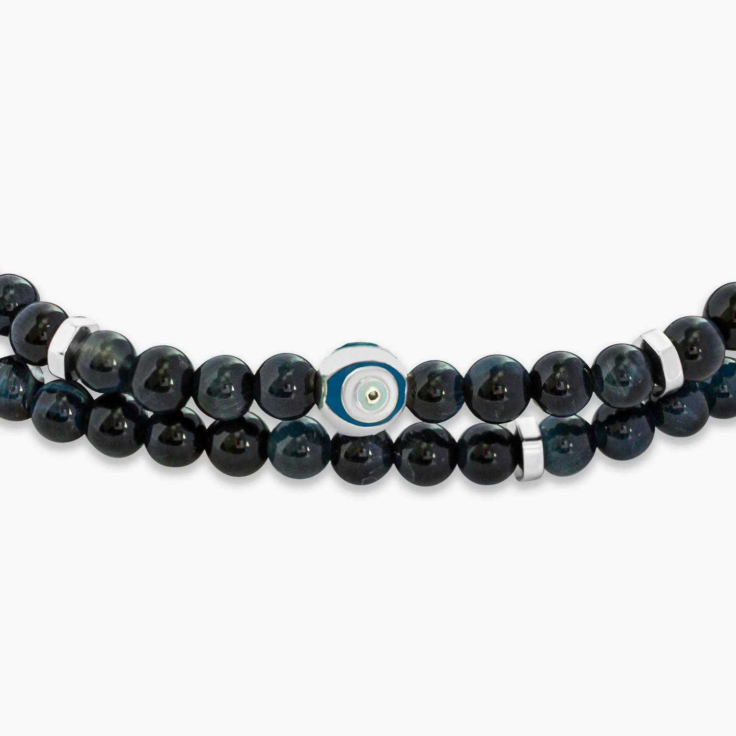 Evil Eye Beaded Bracelet In Rhodium Plated Silver with Blue Tiger Eye