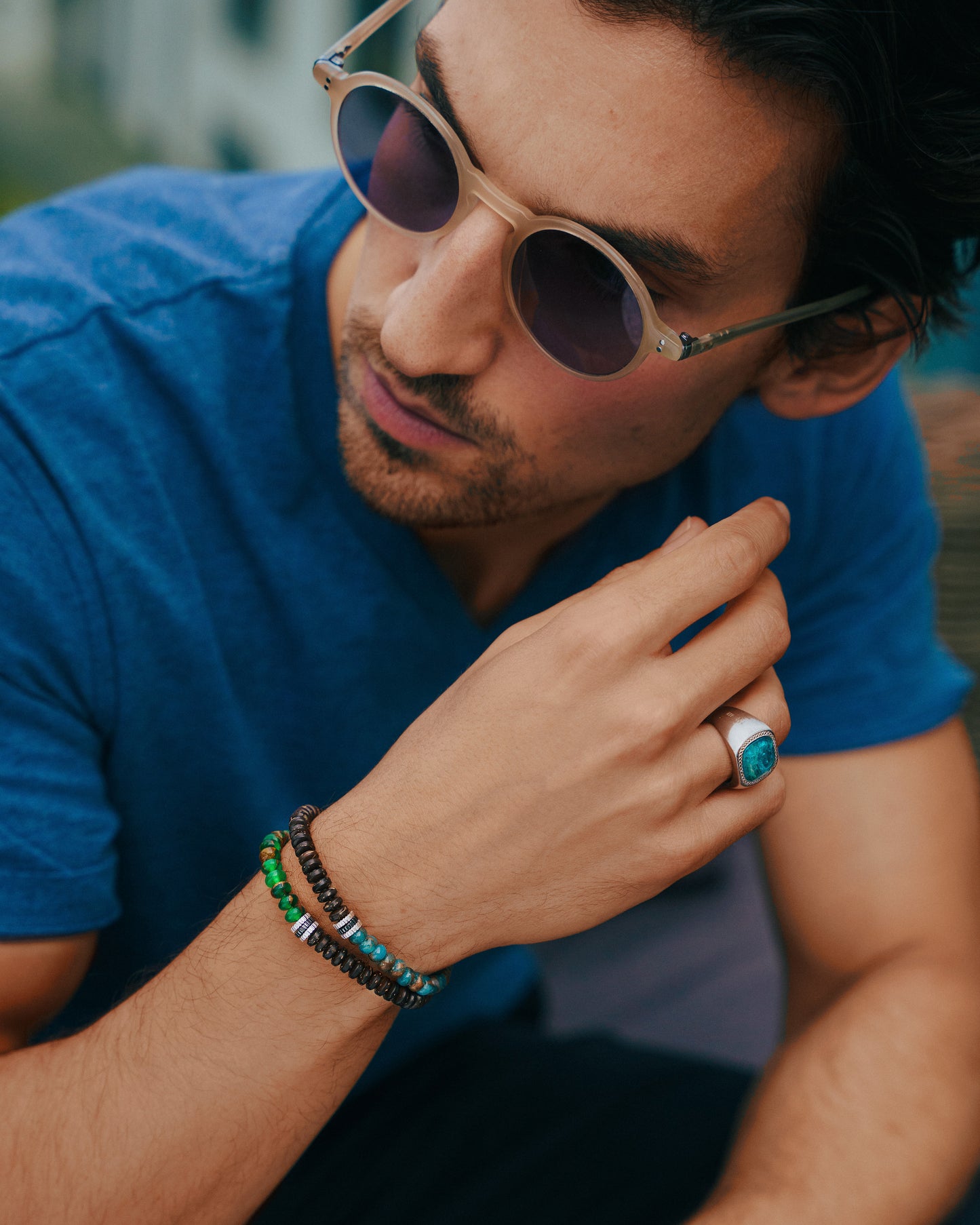 Nepal Gear Trio Beaded Bracelet In Rhodium Plated Silver With Blue Jasper & Coconut Wood