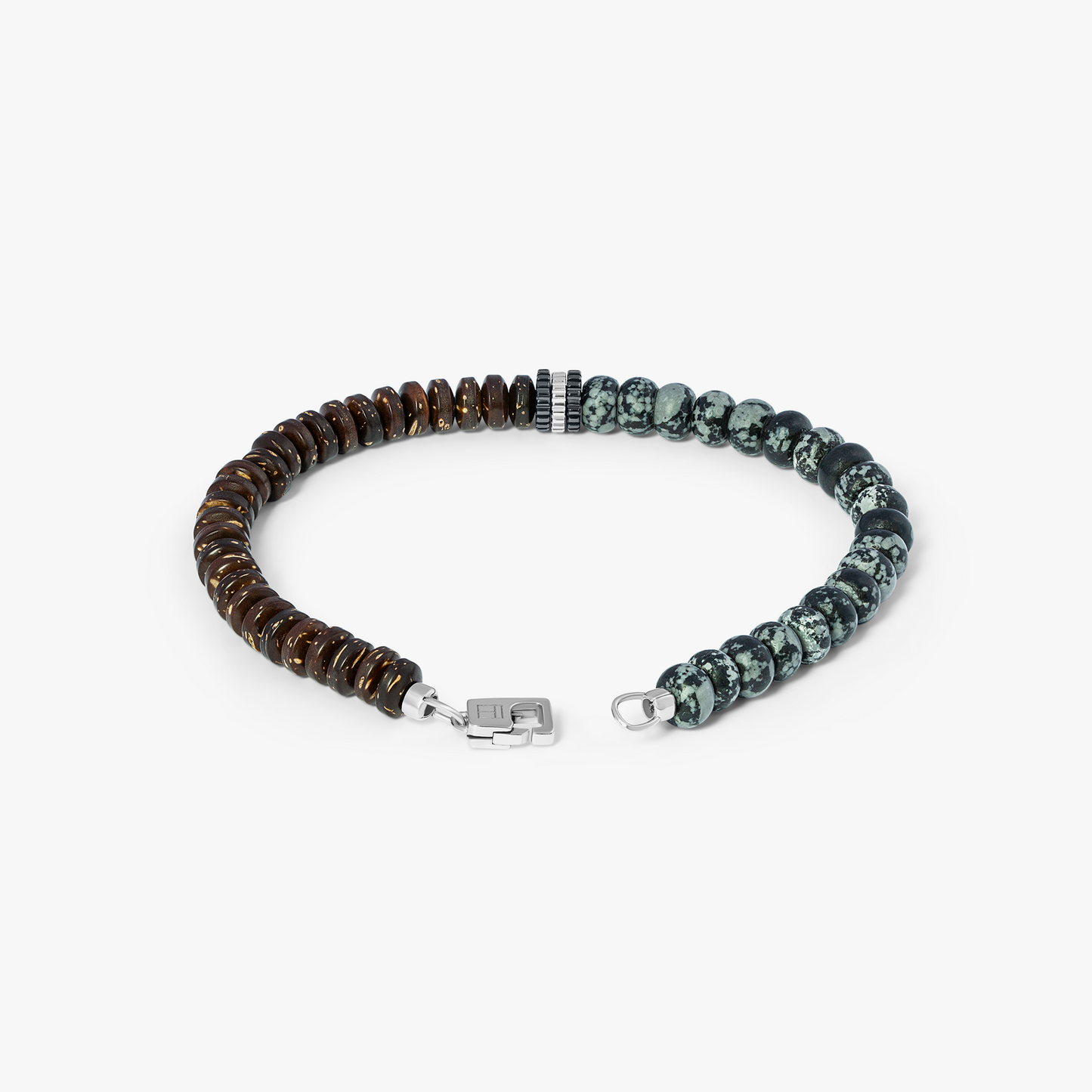 Nepal Gear Trio Beaded Bracelet In Rhodium Plated Silver With Snowflake Obsidian & Coconut Wood