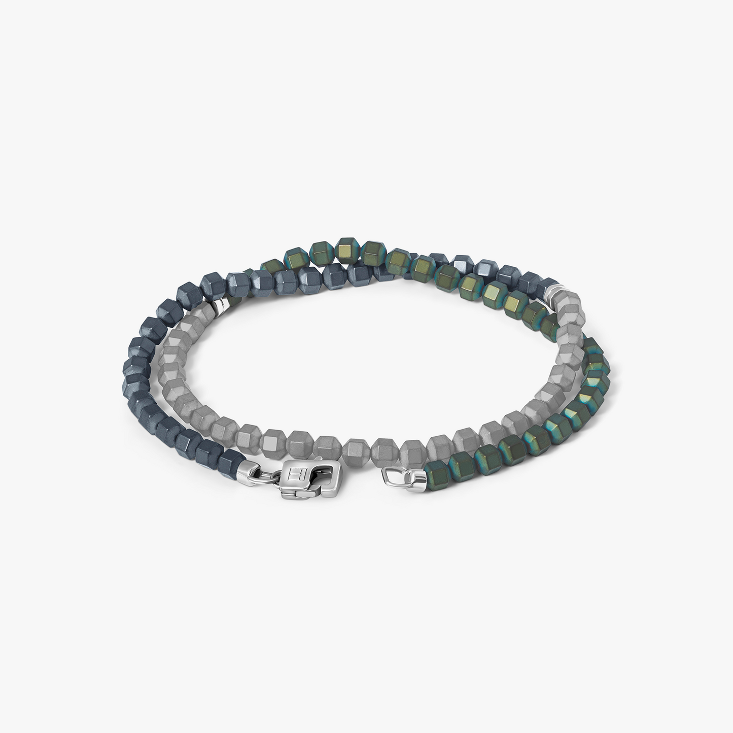 Icosahedron Beaded Bracelet In Rhodium Plated Silver and Green Hematite