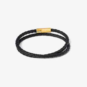 Pop Rigato Double Wrap Leather Bracelet In Black With 18K Yellow Gold Plated