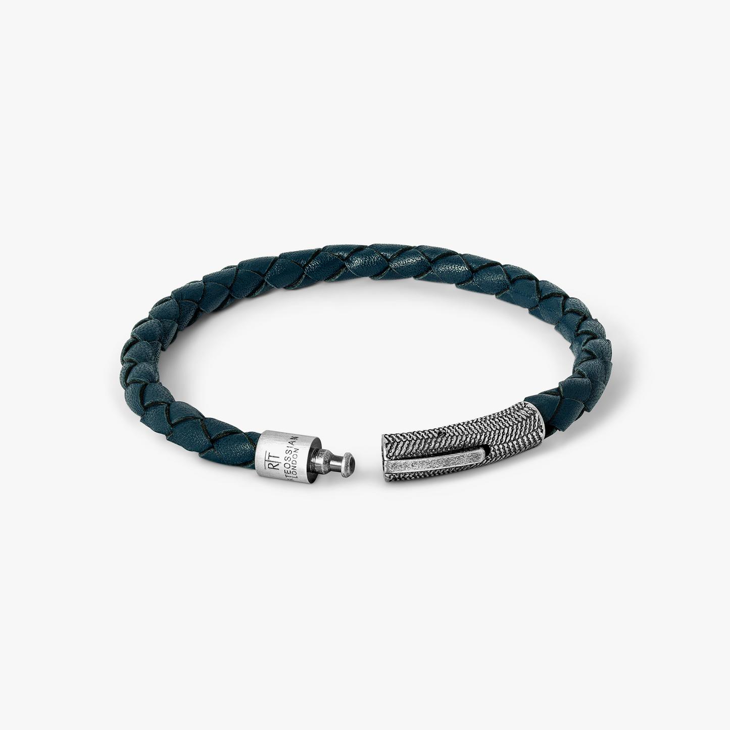 Vinatge Herringbone Click Leather Bracelet In Navy With Stainless Steel