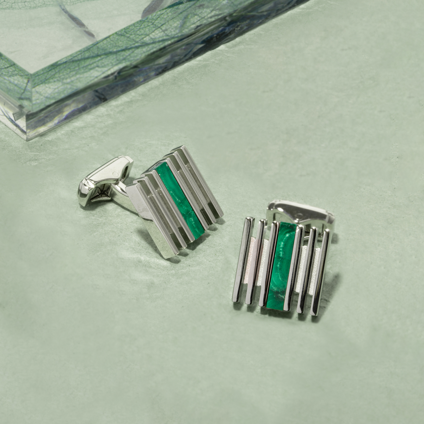 THOMPSON Summer Stripes Bar Cufflinks With Malachite And Palladium Plated