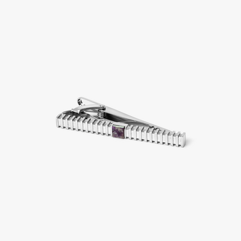 THOMPSON Stripe Grille Tie Clip in Palladium Plated with Amethyst