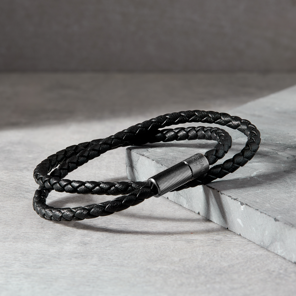 Black leather double wrap bracelet with black ruthenium plated sterling silver clasp