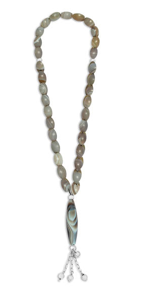 Grey Rhodium Plated Silver Long Smooth Ellipse Agate Worry Beads