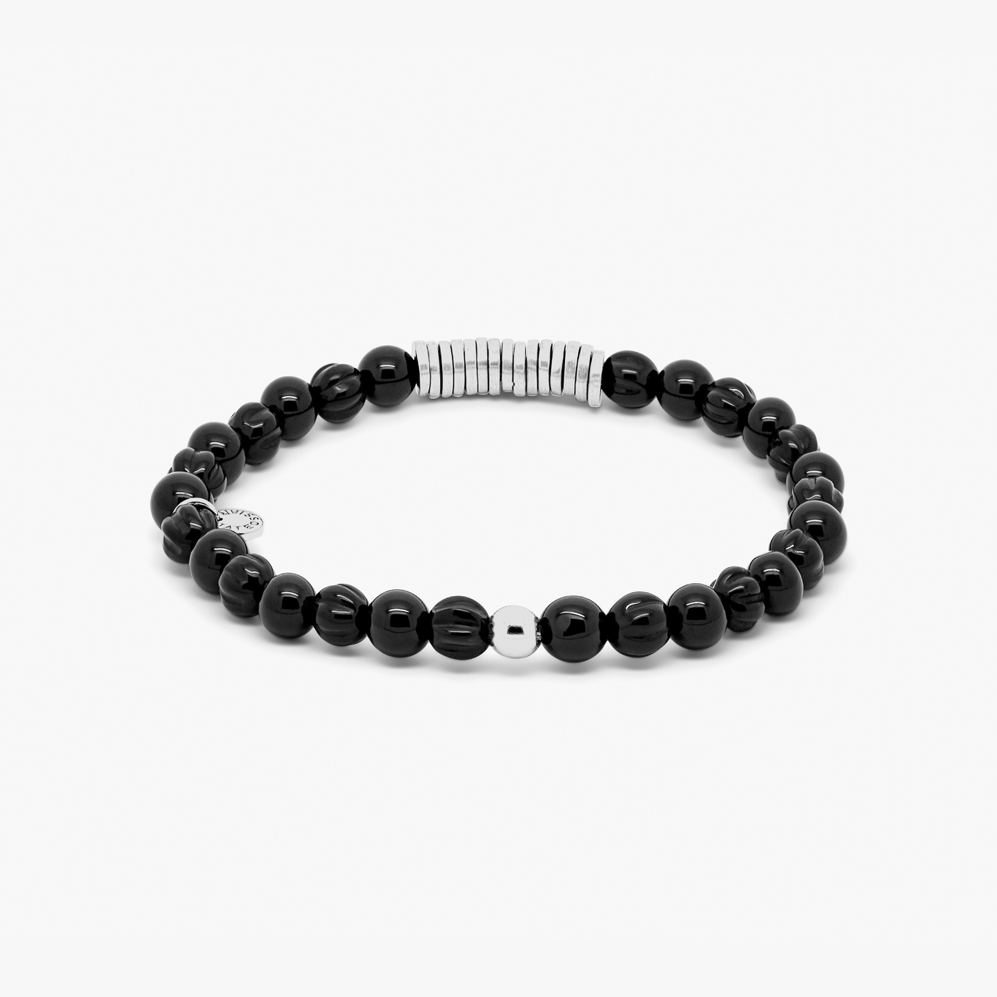 Classic Discs Beaded Bracelet  In Rhodium Plated Silver With Black Agate