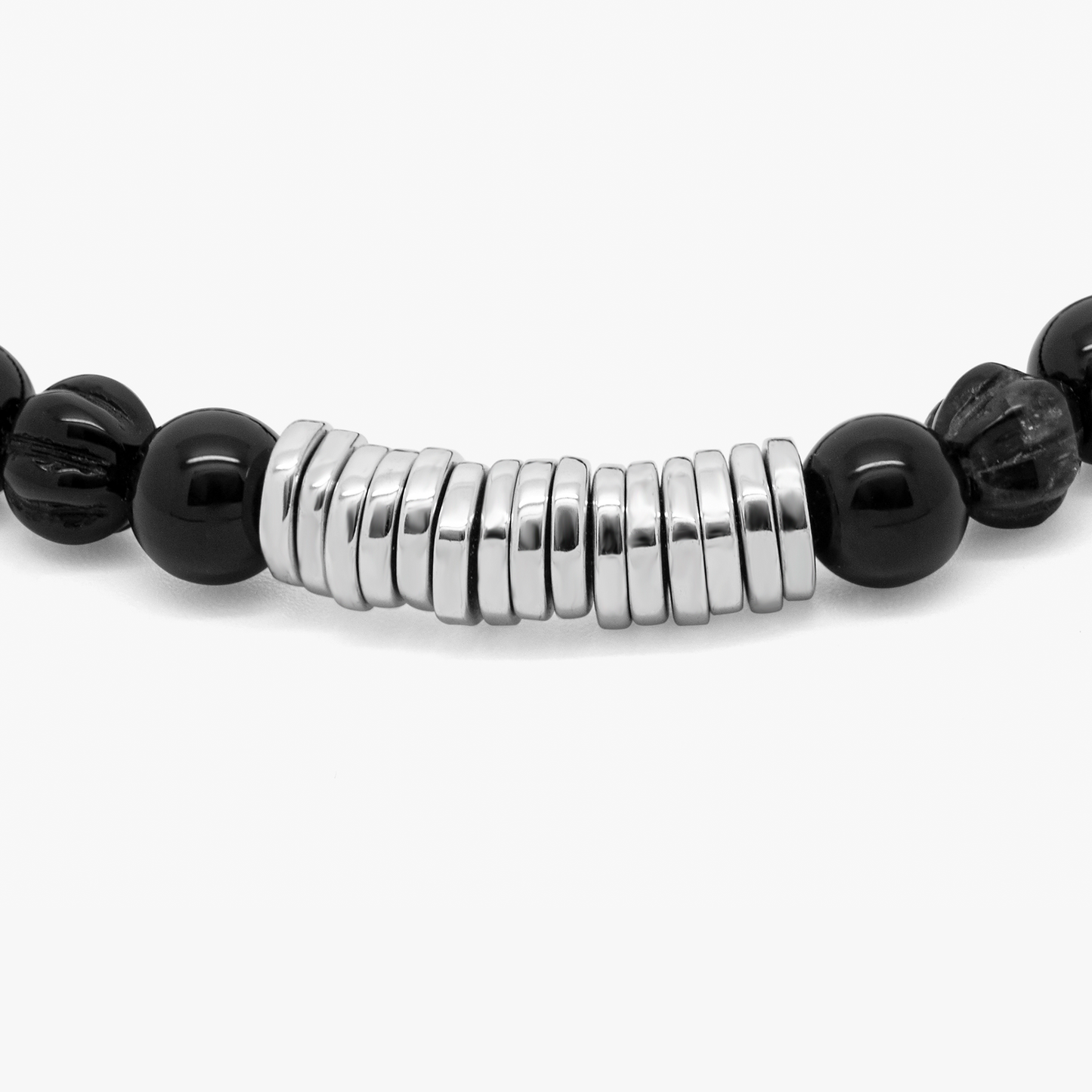 Classic Discs Beaded Bracelet  In Rhodium Plated Silver With Black Agate