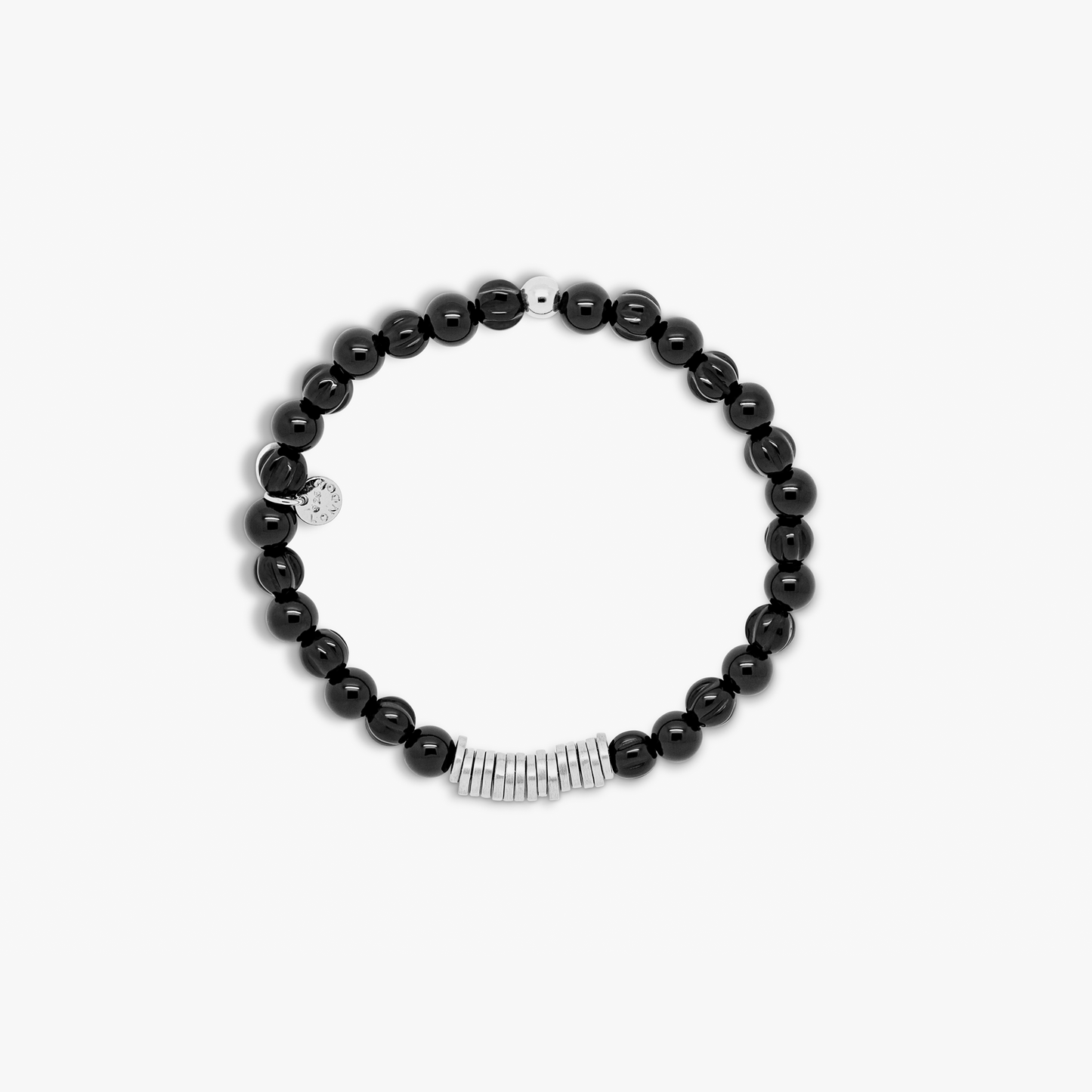 Classic Discs Beaded Bracelet  In Rhodium Plated Silver With Black Agate