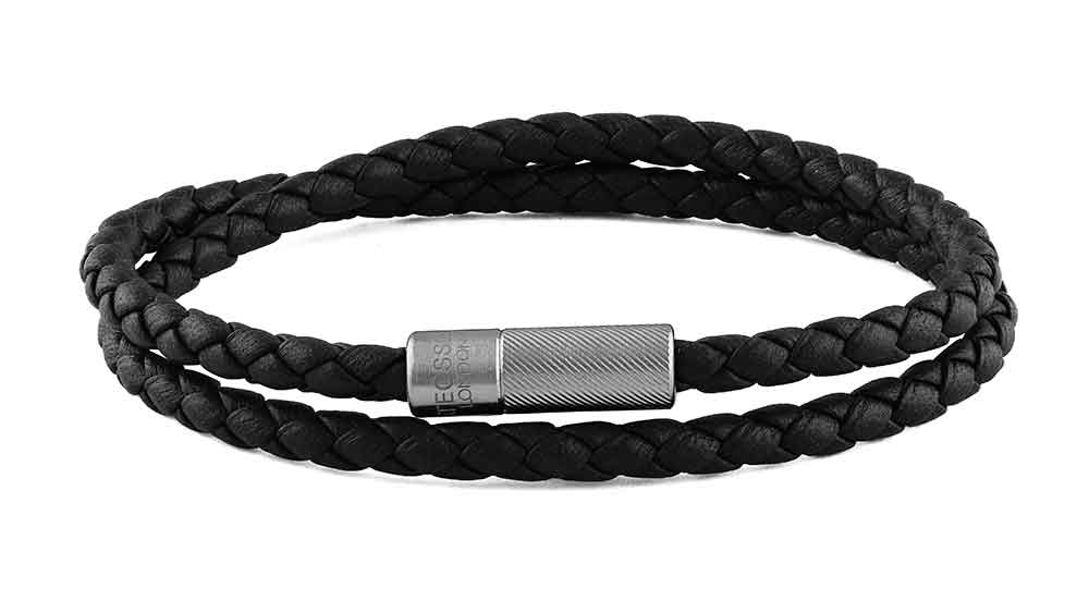 Pop Rigato Pelle Double Wrap Bracelet In Black Leather With Black