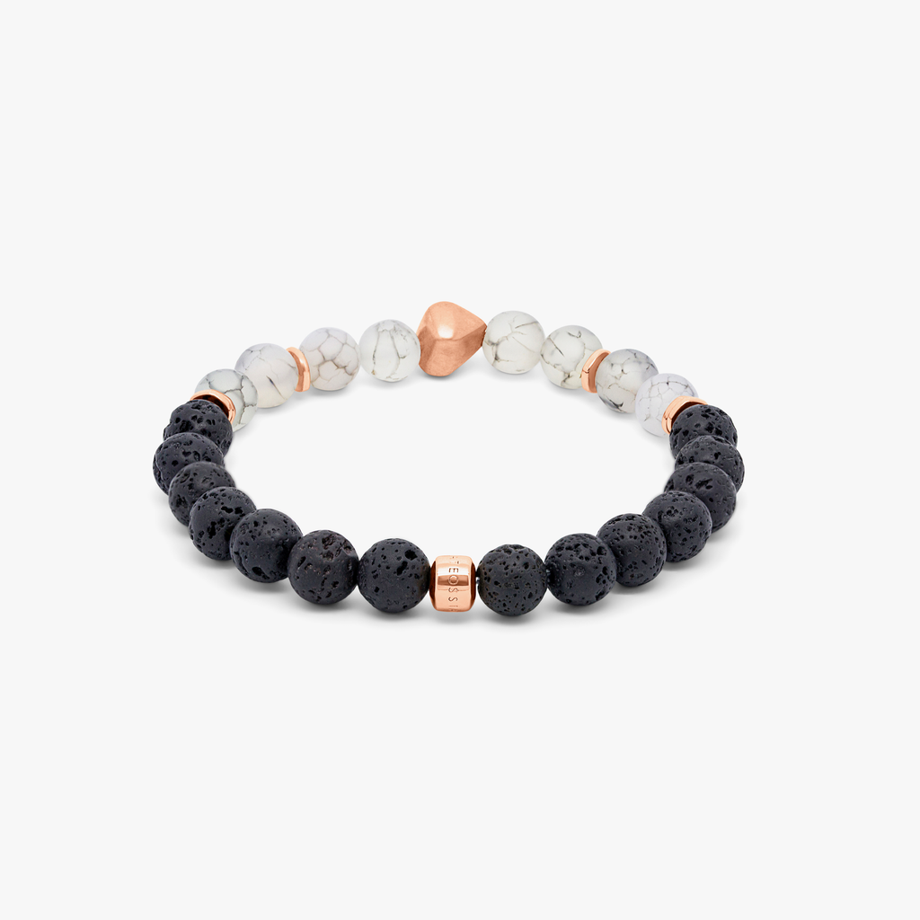 A bracelet featuring a mix of frosted fire agate and raw volcanic lava beads, with rose gold-coloured sterling silver detailing.