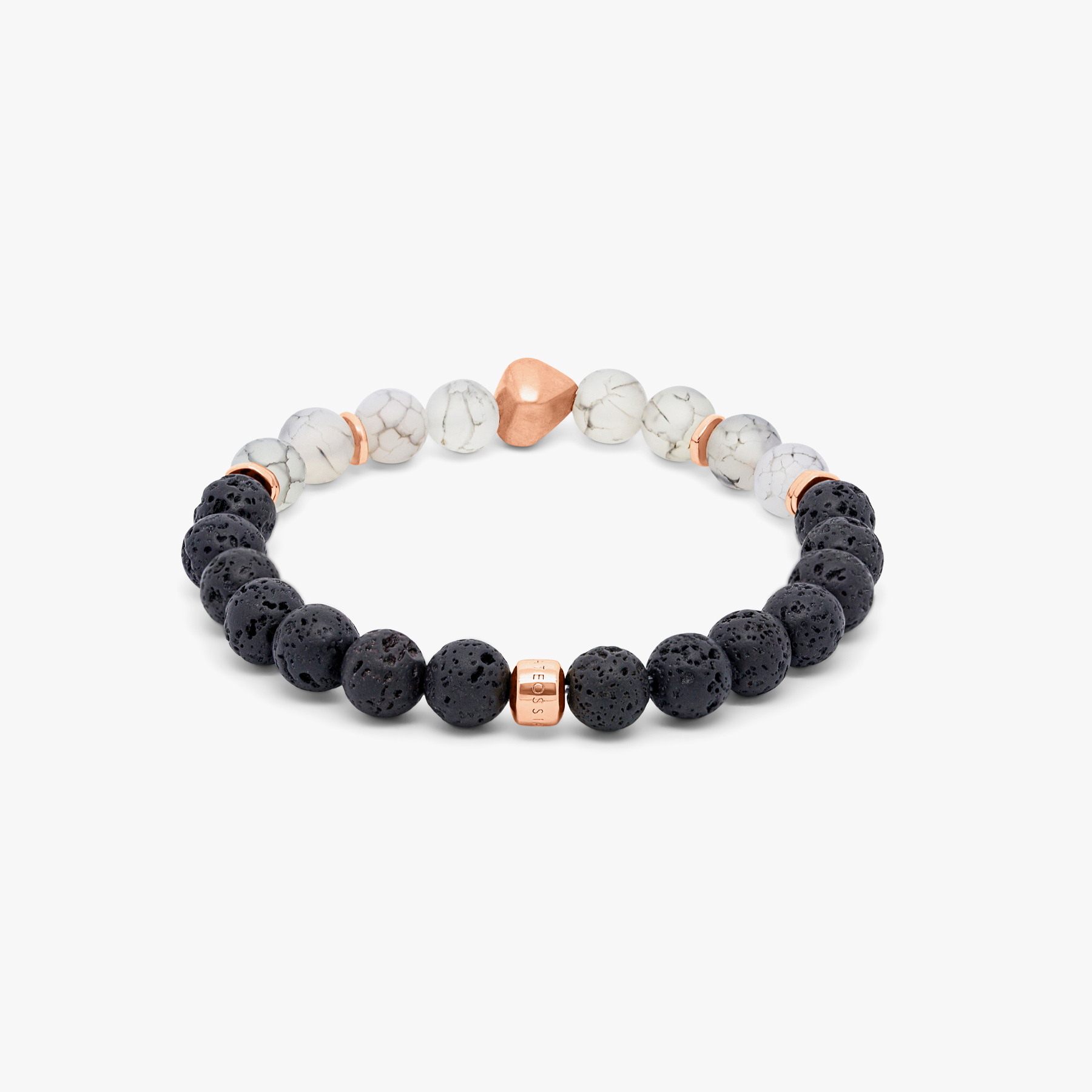 A bracelet featuring a mix of frosted fire agate and raw volcanic lava beads, with rose gold-coloured sterling silver detailing.