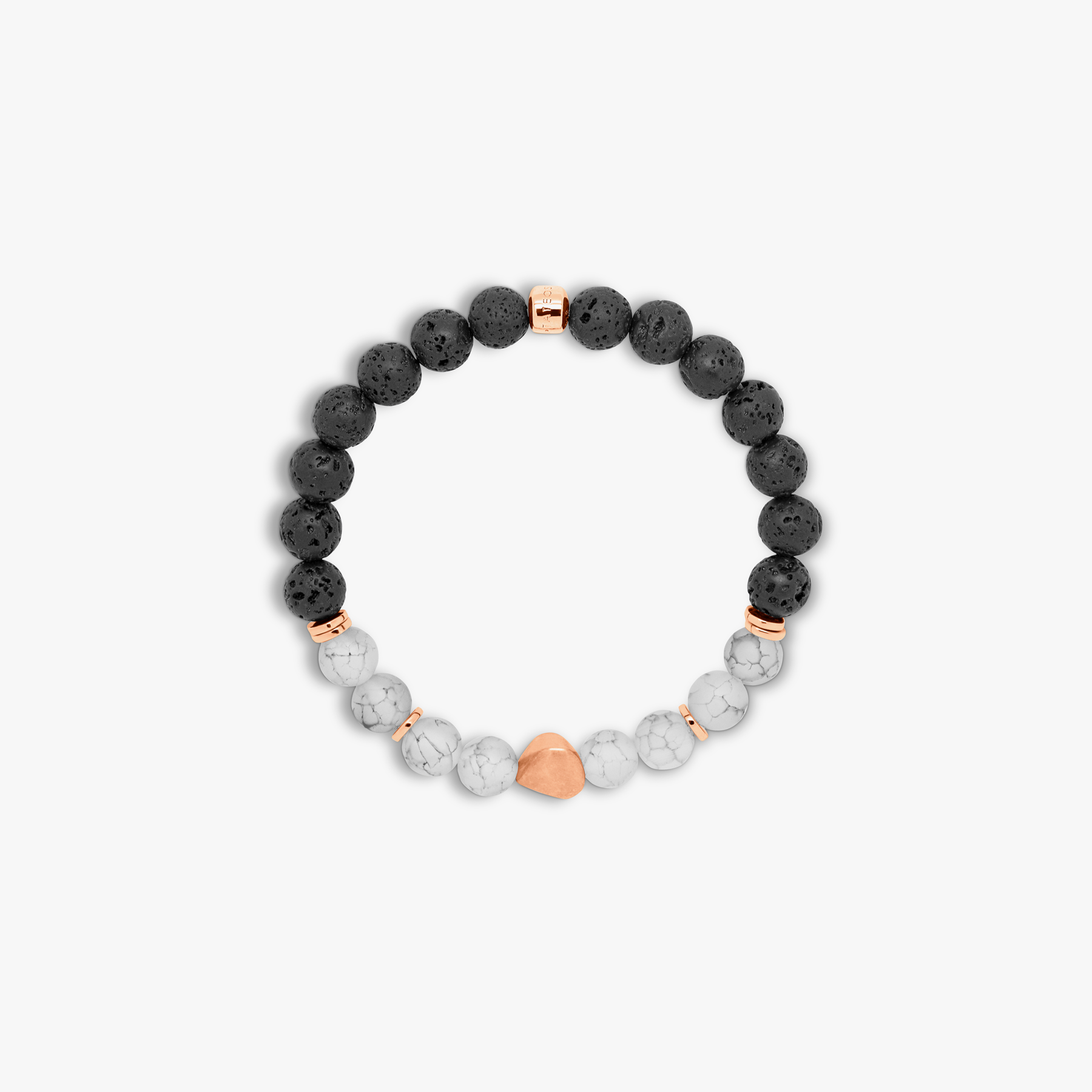 A bracelet featuring a mix of frosted fire agate and raw volcanic lava beads, with rose gold-coloured sterling silver detailing.